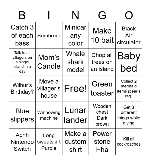 Animal Crossing items/tasks Bingo Card