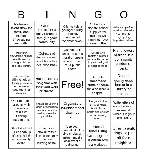 Spread Kindness and Use Your Gifts Bingo Card