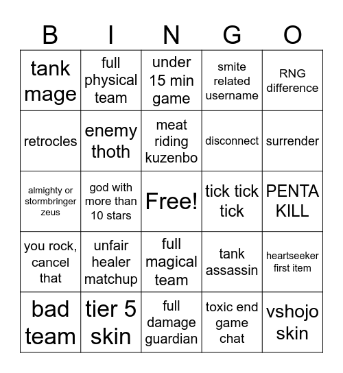 Smite Night Bingo Card