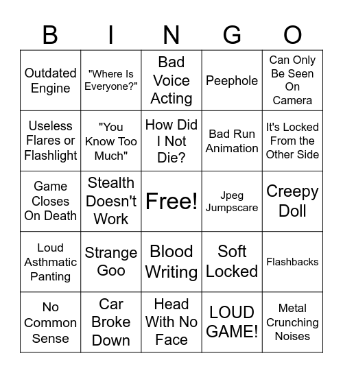 Indie Horror Game Bingo Card