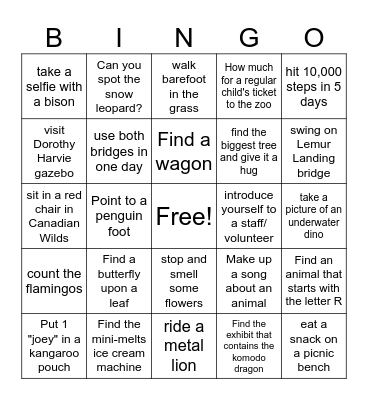 Calgary Zoo Wellness Scavenger Hunt Bingo Card
