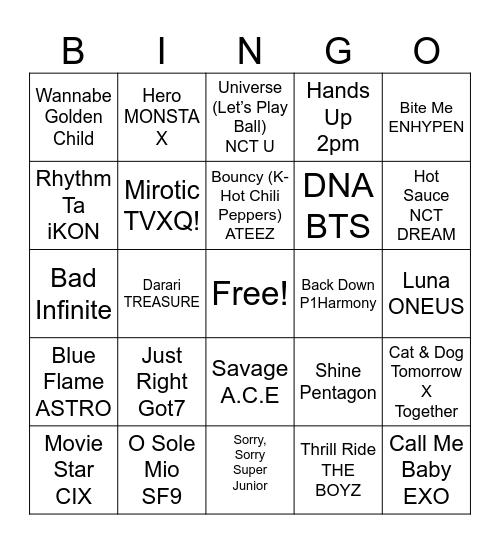 Boy Groups Bingo Card