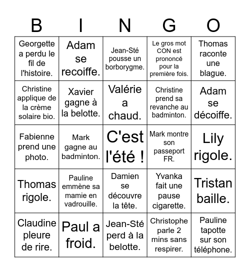 Cousinades 2023 Bingo Card