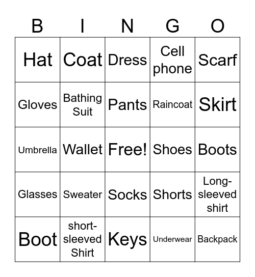 Clothing Items Bingo Card