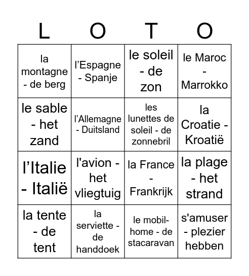 Je vous souhaite de bonnes vacances ! Bingo Card