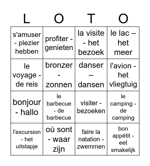 Je vous souhaite de bonnes vacances ! Bingo Card