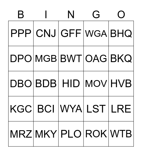 East Coast AOG Bingo Card