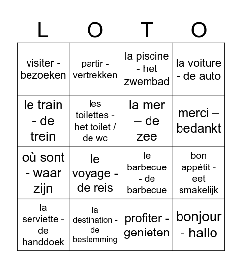 Je vous souhaite de bonnes vacances ! Bingo Card