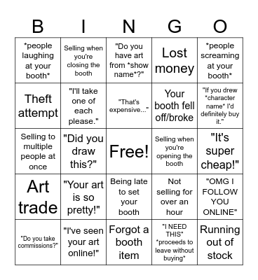 Artist Alley Exhibitor bingo Card