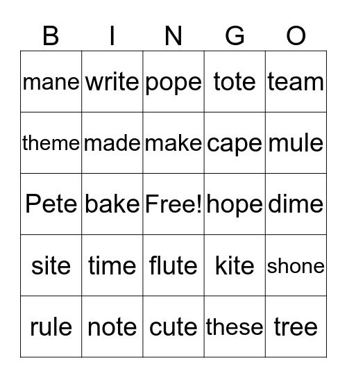 Long Vowel Bingo Card