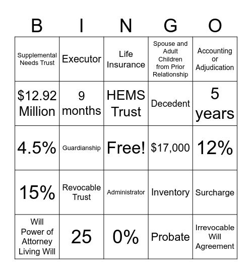 Estate Planning Bingo Card