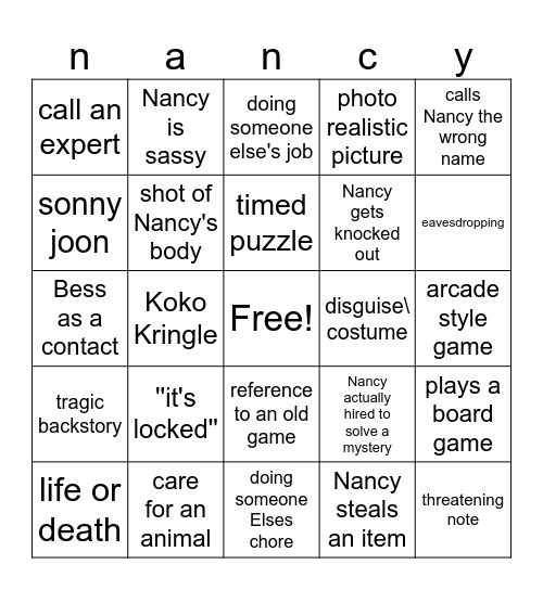 nancy drew Bingo Card