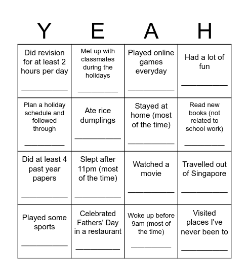 How was your June holidays? Bingo Card