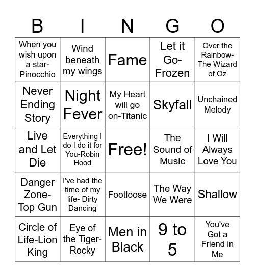 Movie Theme Song Bingo Card