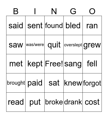 Irregular Verbs Bingo Card