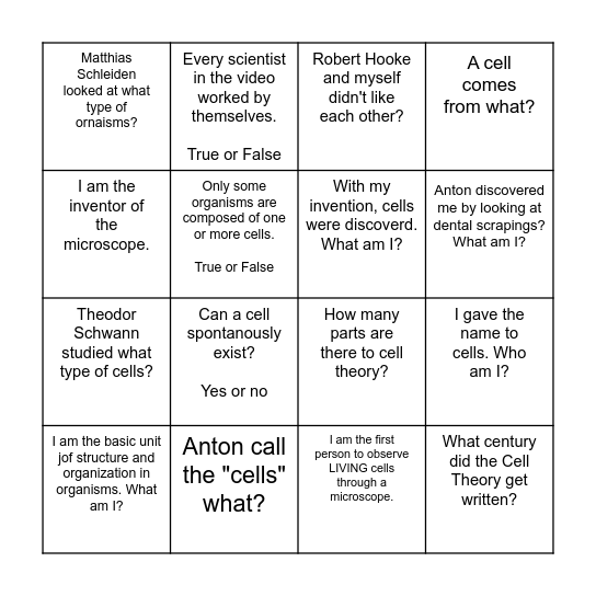 Cell Thoery and Microscopes Bingo Card