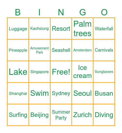 Summer Vacation Bingo Card