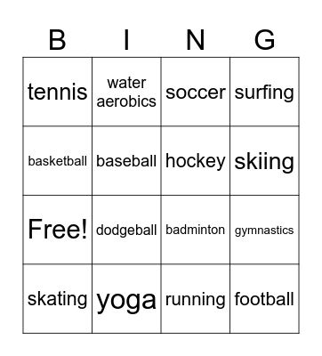 Leisure Activities Bingo Card