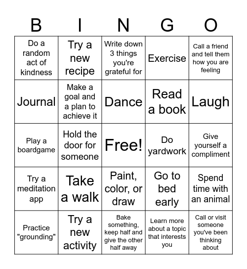 Mental Health Challenge Bingo Card