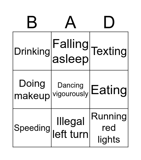 Bad Driving Bingo! Bingo Card