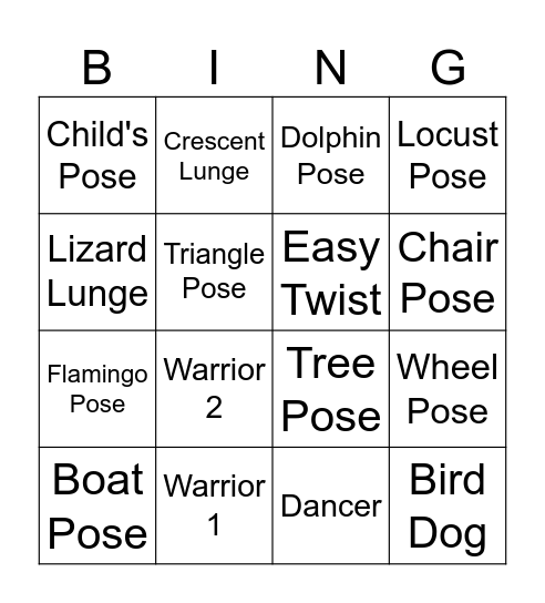 Yoga Bingo Card