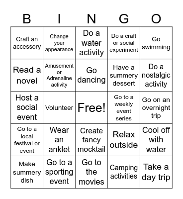 Summer Bucket list Bingo Card