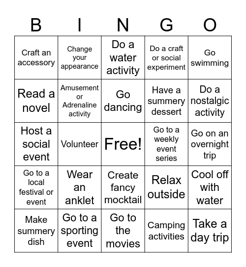 Summer Bucket list Bingo Card