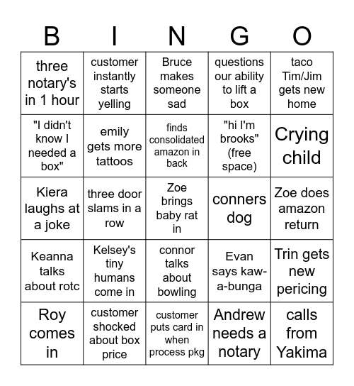 UPS 2112 Bingo Card