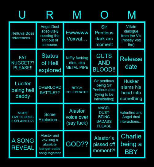 Hazbin Hotel: Trailer Bingo Card