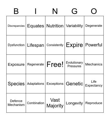 Lifespan Bingo Card