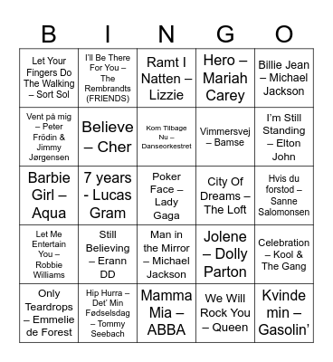 90 hits Bingo Card