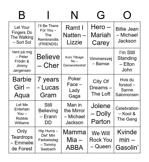 90 hits Bingo Card