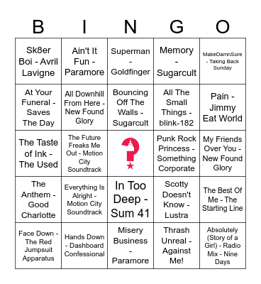Pop Punk Bingo Card