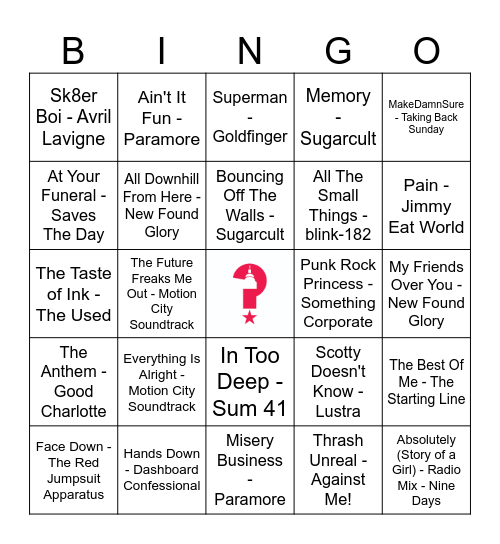 Pop Punk Bingo Card