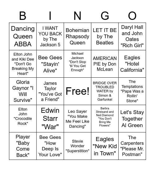 1970s Music Bingo Card