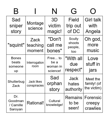 Bones TV Bingo!!! Bingo Card