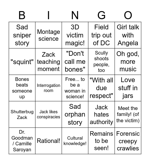 Bones TV Bingo!!! Bingo Card