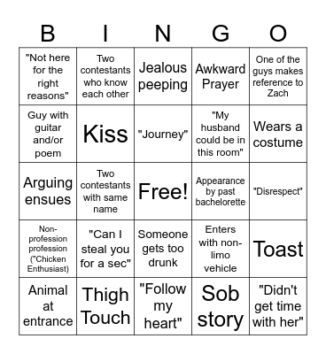 Bachelorette Bingo Card