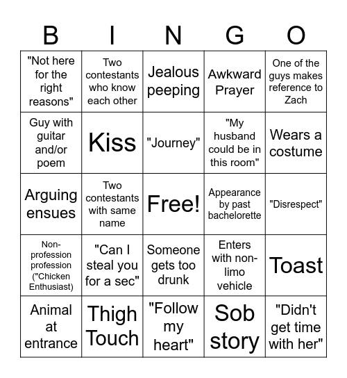 Bachelorette Bingo Card