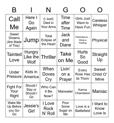 80s Music Bingo Card