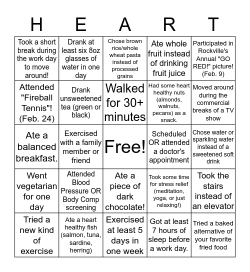 Celebrate Heart Health! Bingo Card