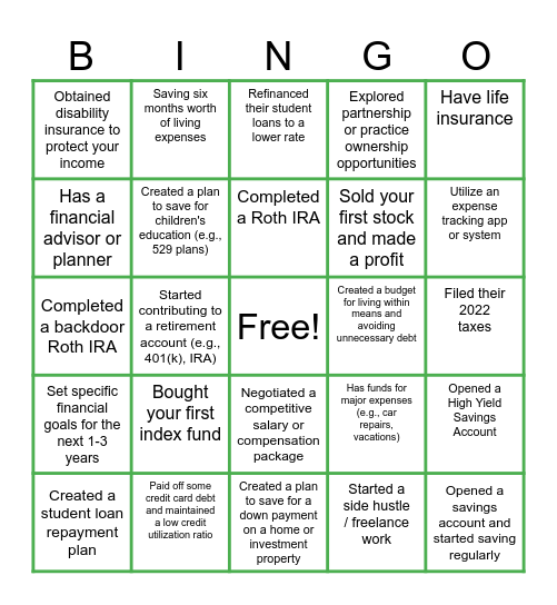 Financial Freedom Bingo Card