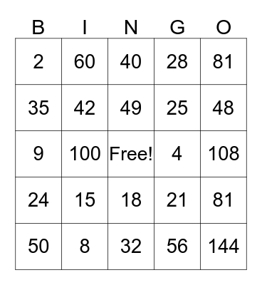 Multiplication Bingo Card