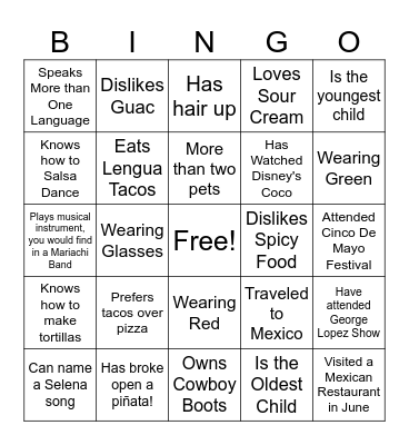 Taco Time Bingo Card
