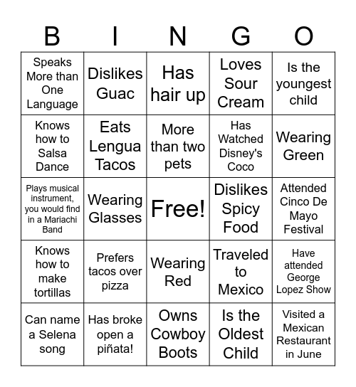 Taco Time Bingo Card
