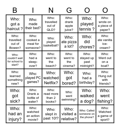 What did you do over the holiday? Bingo Card