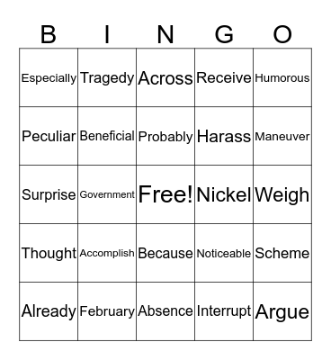 Fifth Grade Bingo Card