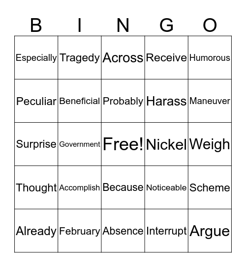 Fifth Grade Bingo Card