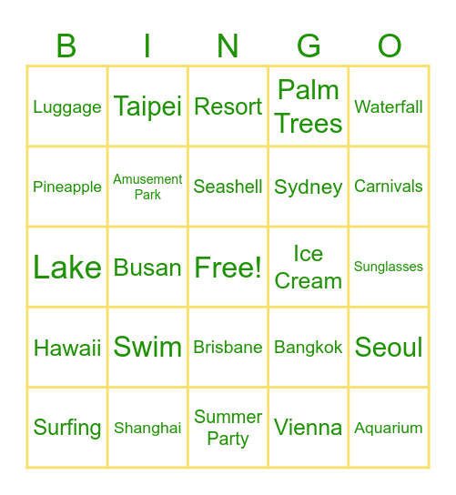 Summer Vacation Bingo Card