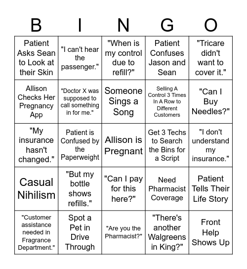 Pharmacy Bingo Card